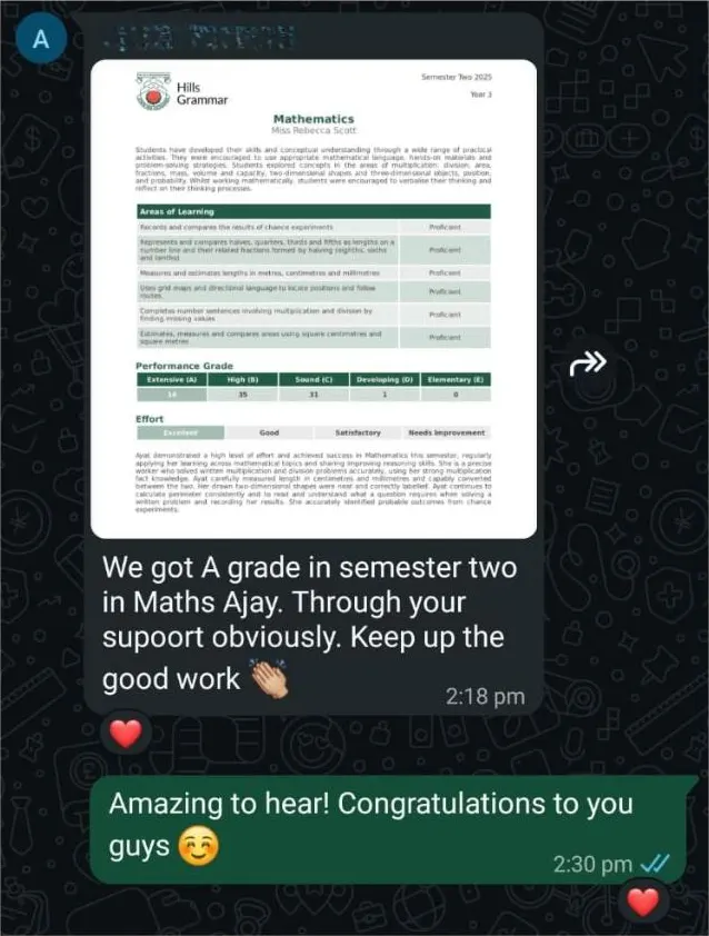 Semester 2 Mathematics school report with a parent message saying they got an A grade